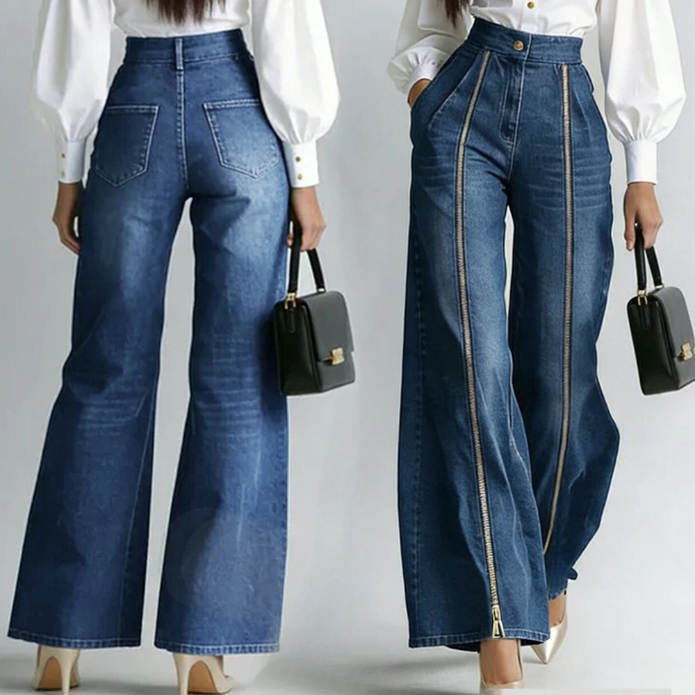Jean décontracté pour femme à taille haute, coupe large, avec fermeture éclair décorative et poches obliques, élégant et ample