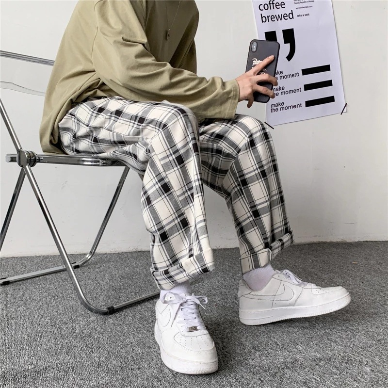 Pantalon à carreaux à carreaux pour hommes, streetwear à carreaux coréen, bas d'été, pantalon à jambes larges, Harajuku, respirant, fjMale, mode, 2022