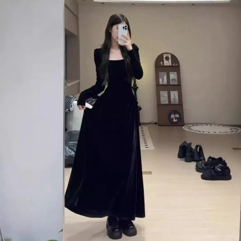 Robe de soirée en velours noir pour femme, jupe longue, style français, socialite, haut de gamme, intérieur, fête d'anniversaire, automne