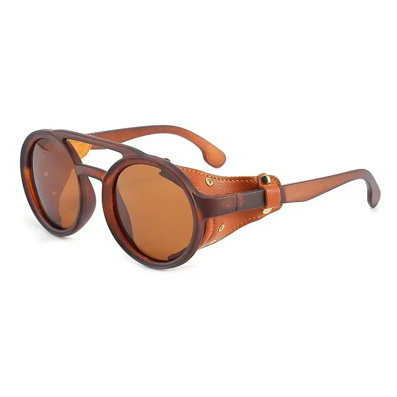 Lunettes de soleil rétro pour hommes et femmes, lunettes rondes en cuir, lunettes vintage anti-vent, lunettes de soleil de sport en plein air, UV400