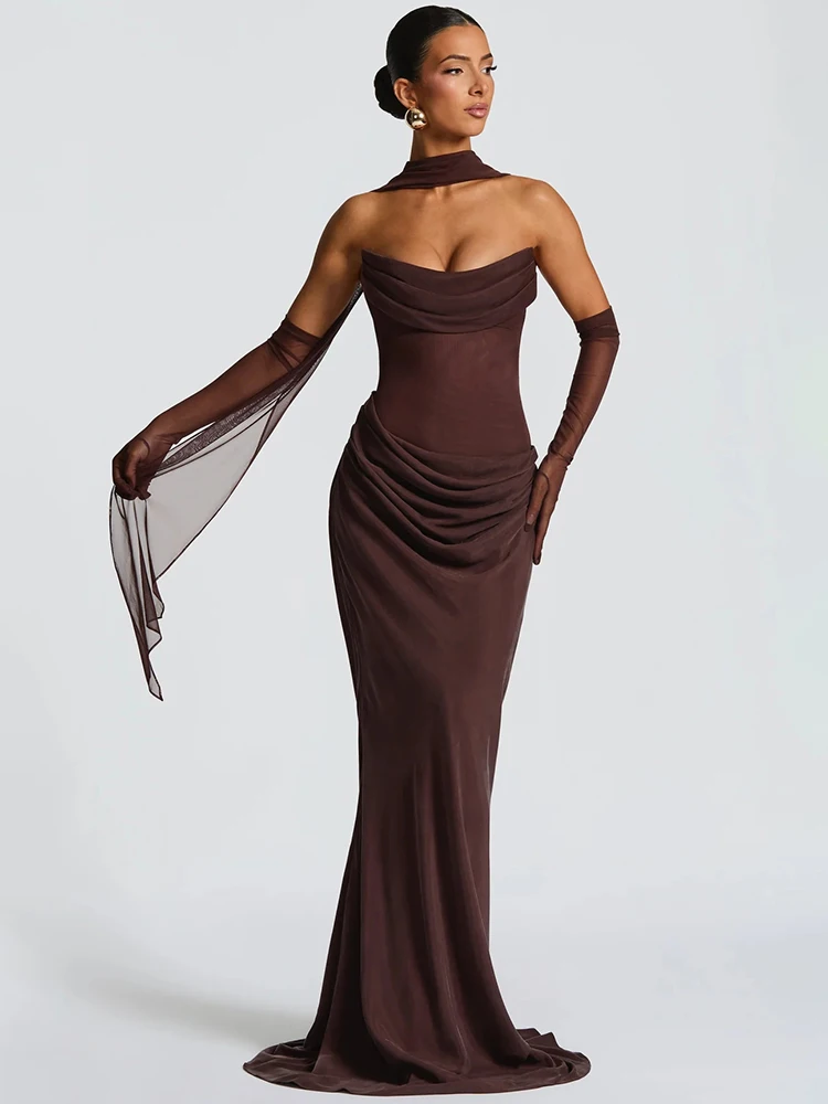 Robe Maxi Sexy pour femmes, épaules dénudées, dos nu, élégante, col écharpe, sans bretelles, sans manches, moulante, robes de soirée en boîte de nuit