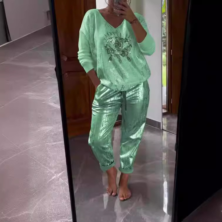 Ensemble pantalon 2 pièces, col en v, manches longues, pull à paillettes, haut à lacets, pantalon droit, costume, nouveaux vêtements pour femmes