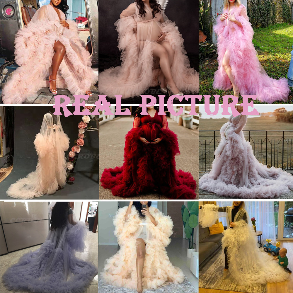 Robe de chambre longue en Tulle transparent pour femmes, Robe bouffante de grossesse, de maternité, pour réception-cadeau pour bébé, chemise de nuit, vêtements de nuit