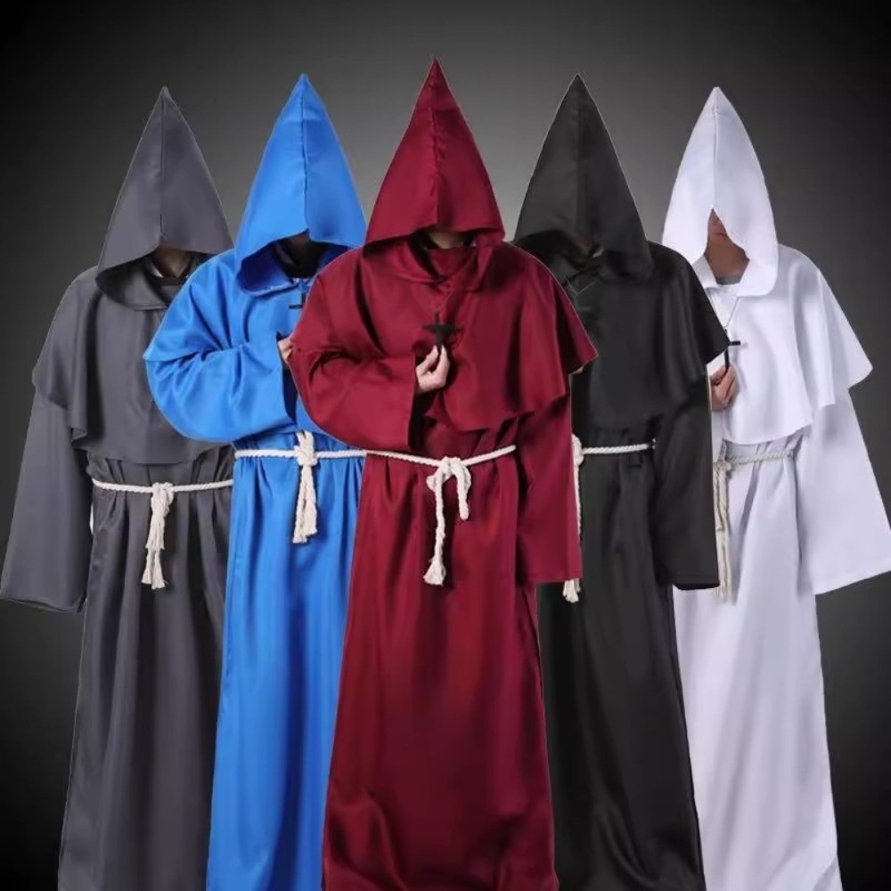 Robe de moine médiévale à capuche, ornée d'une croix rétro, costume de cosplay d'Halloween, cape à capuche avec cordon de taille, costume de sorcier ou de prêtre