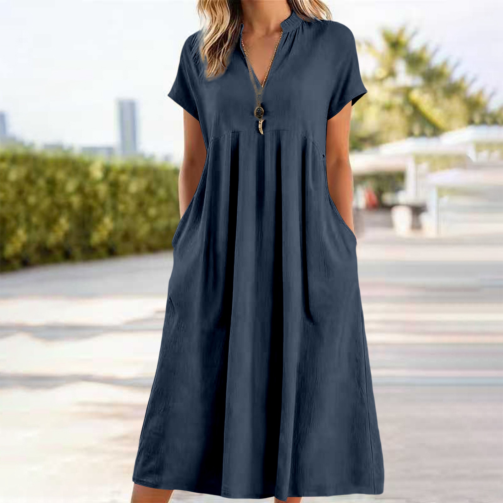 Robe midi en coton et lin pour femme, col en V ample, manches courtes, coupe trapèze, unie, décontractée, robe d'été pour la plage avec poches