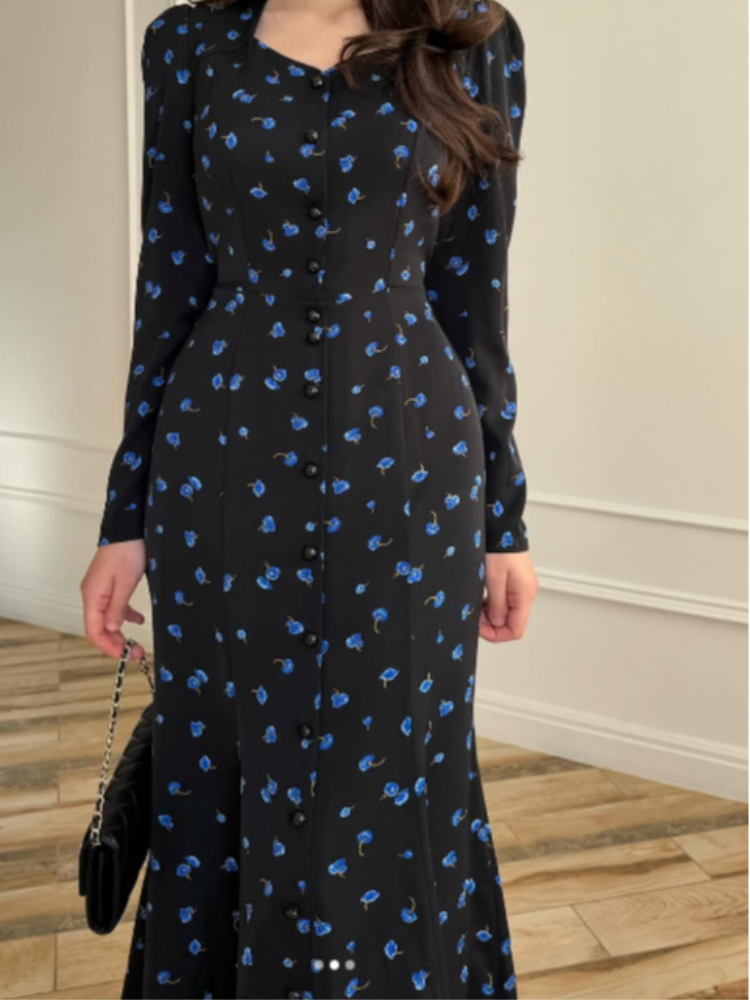 Robe longue élégante à imprimé floral pour femme, décontractée, à manches longues, avec ourlet à volants, moulante et fluide, collection Printemps 2026, style chic