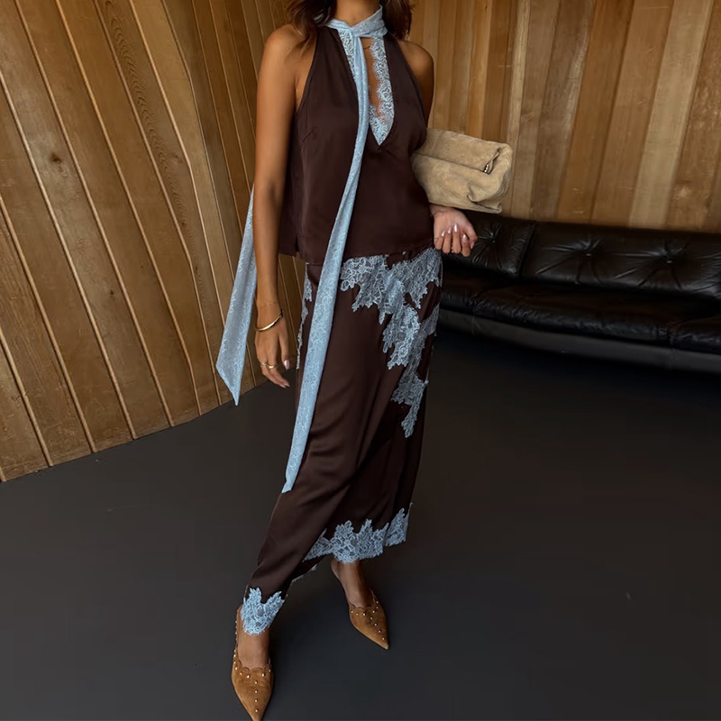 Ensemble jupe en satin élégant pour femmes, haut sans dos à col montant avec bordure en dentelle, jupe maxi asymétrique, tenue de sortie Y2k soyeuse