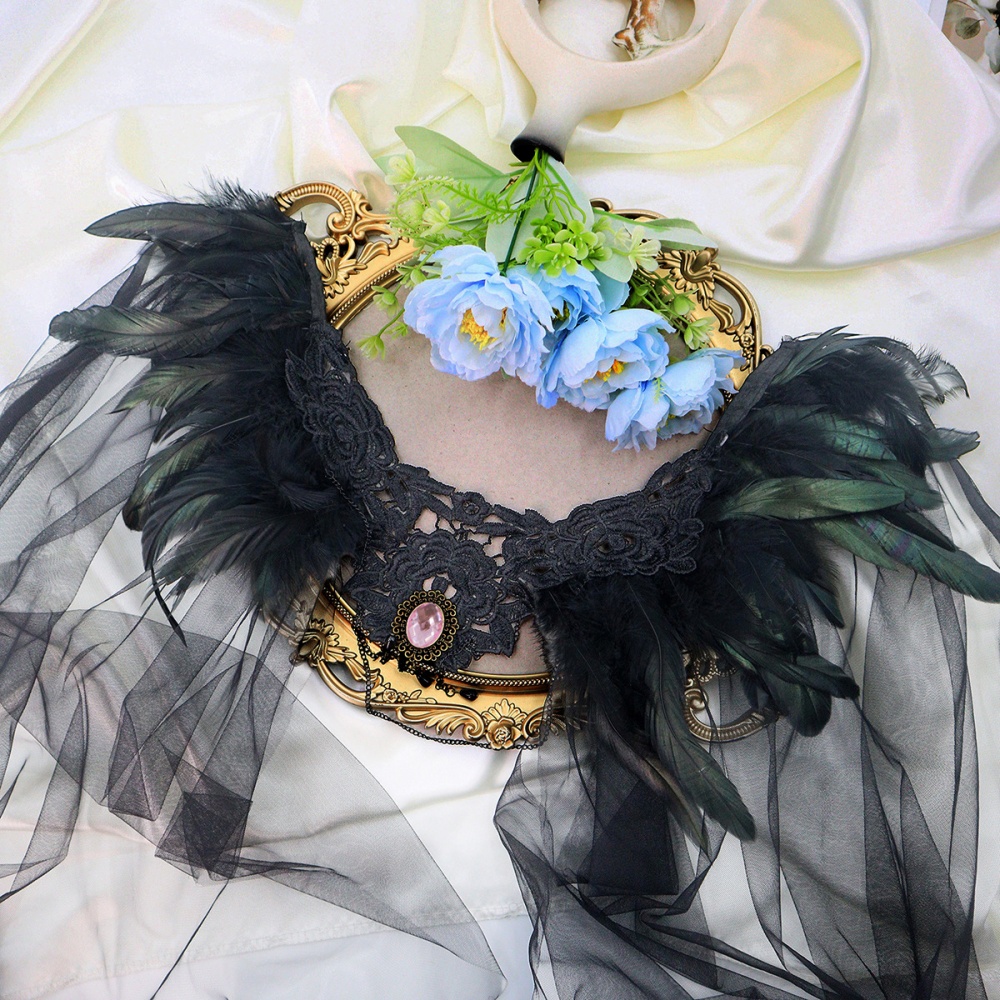 Châle gothique en dentelle brodée de plumes, cape de sorcière d'halloween, écharpe enveloppante de cou noire, Bracelet, accessoires de Costume de Cosplay d'halloween