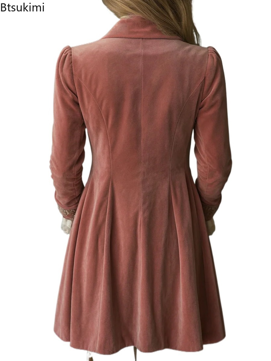Manteau long élégant en velours pour femme, à manches longues, couleur unie, avec dentelle, revers, double boutonnage, taille mi-haute élastique, automne-hiver