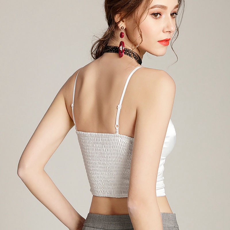 Débardeur en soie pour femmes, Camisole, bretelles Spaghetti, col en V, blanc, noir, sans manches, Streetwear, Street, avec coussinet de poitrine