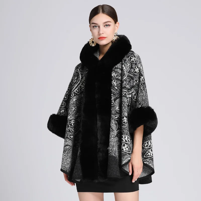 Automne hiver nouvelle Imitation loutre lapin fourrure col Jacquard à capuche châle Cape Imitation laine Ponchos café Capes femmes Cape