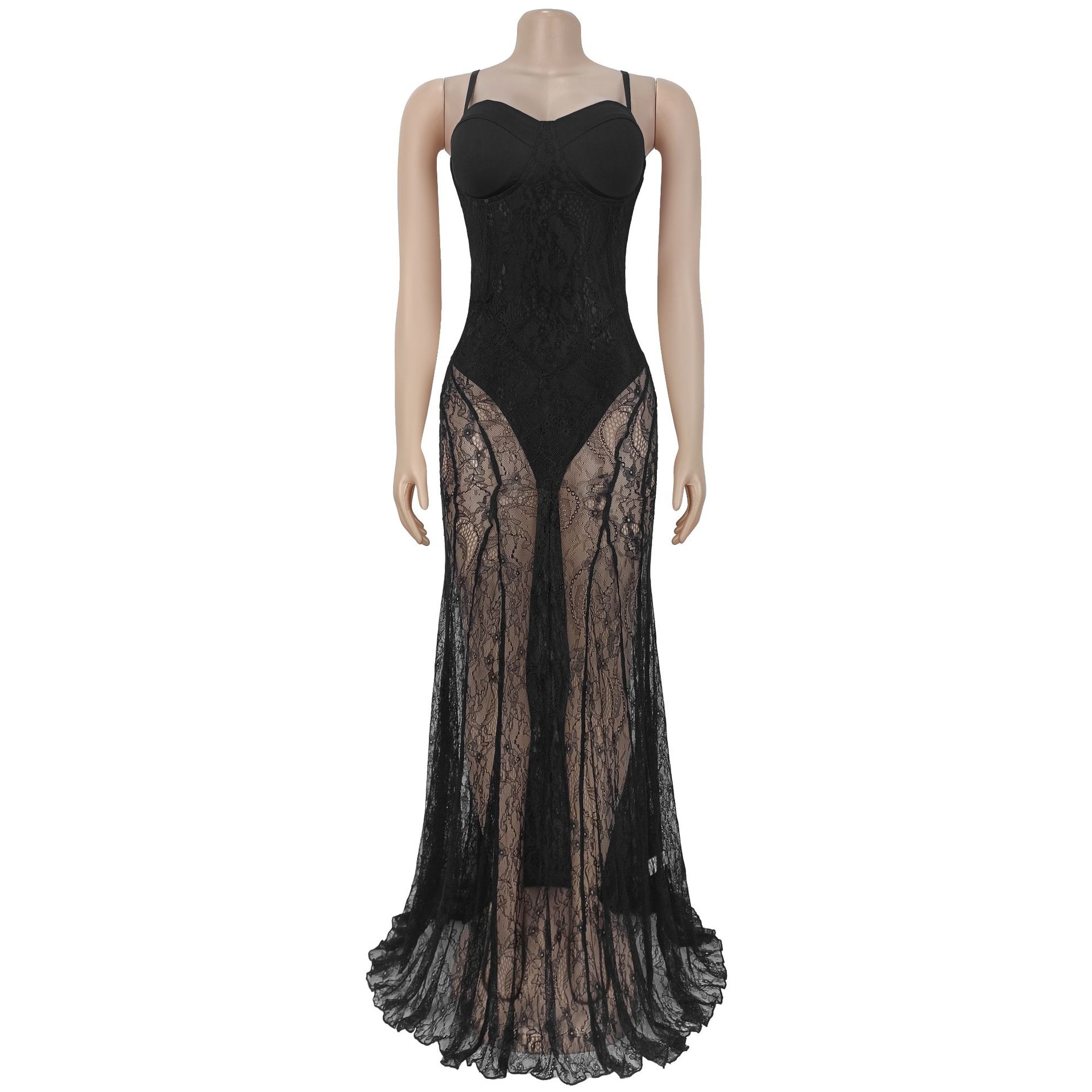 Dentelle voir à travers la robe de soirée de bal Sexy femmes Spaghetti sangle élégante boîte de nuit longue robe Maxi