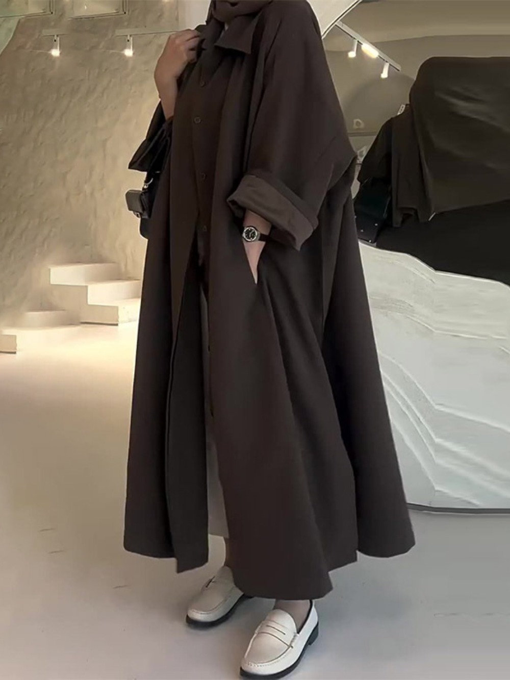 Pardessus à revers à boutonnage simple pour femmes musulmanes, Abaya, manteau long, coupe-vent arabe décontracté, Ramadan, Maroc, Dubaï, Eid