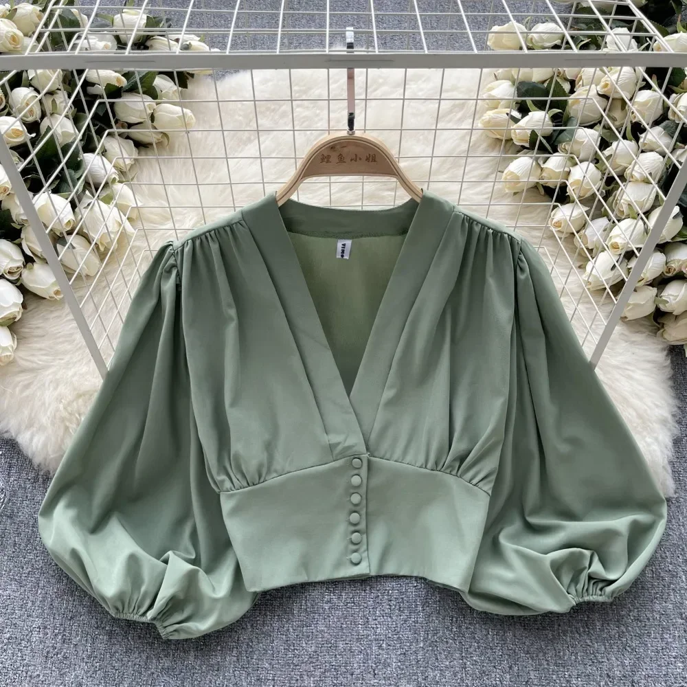 Chemises françaises Chic et élégantes pour femmes, col en v, manches longues bouffantes, chemisier pliable, polyvalent, ventre nu, hauts pour dames, livraison directe