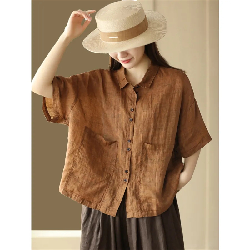 Chemisier femme 2025 printemps été couleur unie ample coton et lin dames hauts tempérament lin respirant dame chemise décontractée