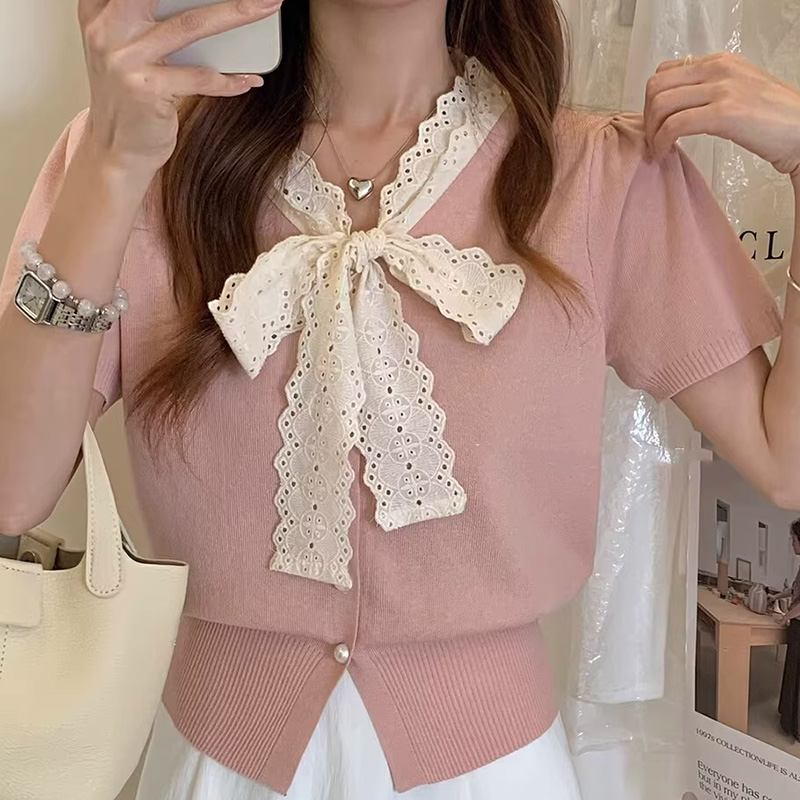 Cardigan à manches courtes pour femmes, pull d'été, mode coréenne, hauts jaunes, vêtements Y2K, col en V, nœud tricoté, 2025