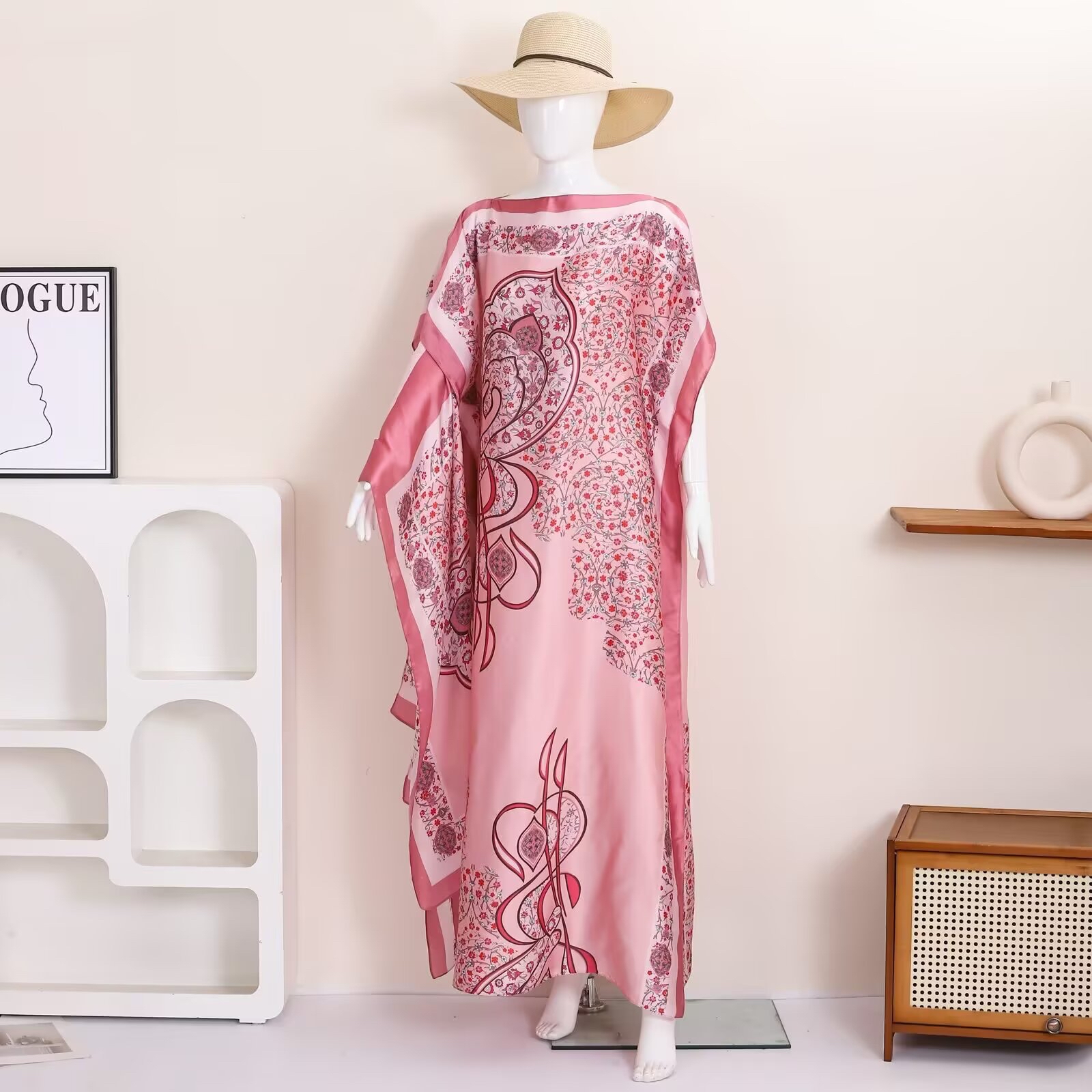 Robe longue décontractée en satin multicolore à motif floral persan pour femme, ample, idéale pour les vacances à la plage, avec foulard assorti