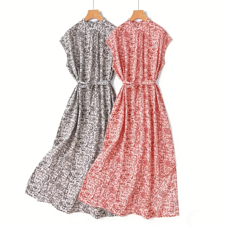 Nouvelle Robe Imprimée à Manches Courtes et Col Montant en Crêpe de Chine 100% Soie de Mûrier Naturelle pour Femme – Collection Été 2026