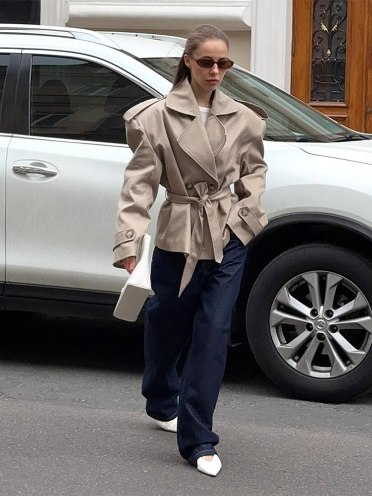 Vestes décontractées pour femmes, col en V, manches longues, épaulettes, Double boutonnage, manteaux avec ceinture, mode Chic, vêtements d'extérieur solides, automne 2025