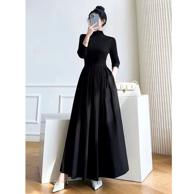 Robe longue noire pour femmes, style coréen, taille haute, col mi-haut, élégante, fête, manches longues, nouvelle collection automne hiver