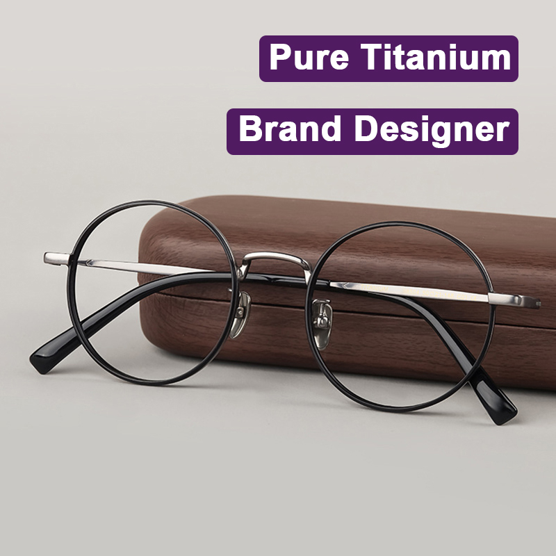 Lunettes rondes rétro de marque de styliste, petites lunettes à revêtement IP en titane pur, montures ultralégères à bords contrastés et lisses