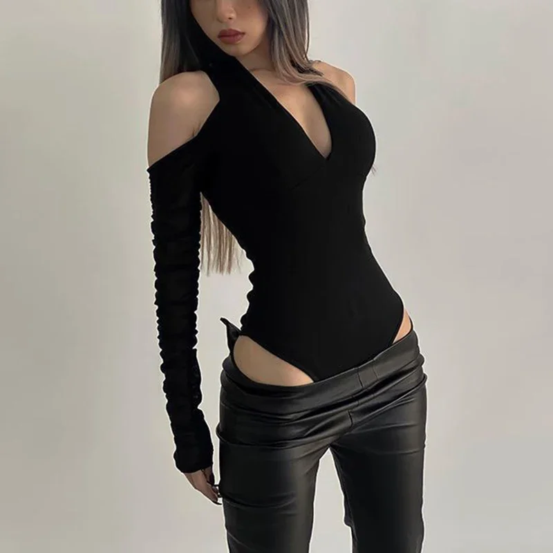 2025 été femme T-Shirts à manches longues T-Shirts femmes Sexy noir licou dos nu hauts nouveau à la mode filles concepteur froncé vêtements