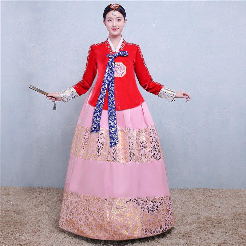 Costume de mariage Hanbok traditionnel coréen pour femmes, en jacquard rouge et or, robe folklorique nationale coréenne, performance scénique, danse
