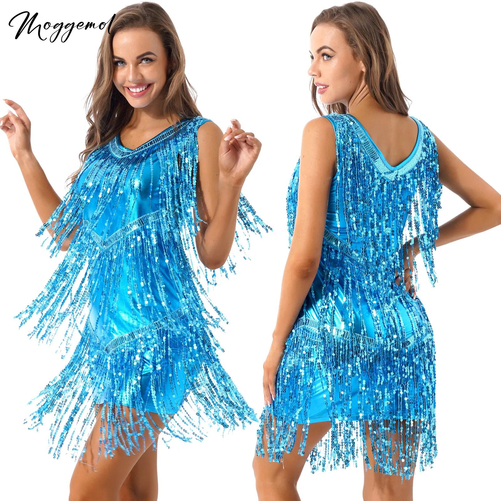 Robe Latine à Paillettes Brillantes pour Femme, Costume de Spectacle, Tango, Samba, Régions ba, Salle de Bal, Salsa, Jazz, brev