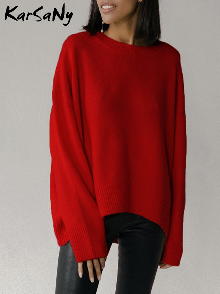 Femmes chandails rouge tendances 2025 hiver automne tricots col rond pulls solide basique dames pull pull ample pour les femmes chaud, pull femmes tendances 2025