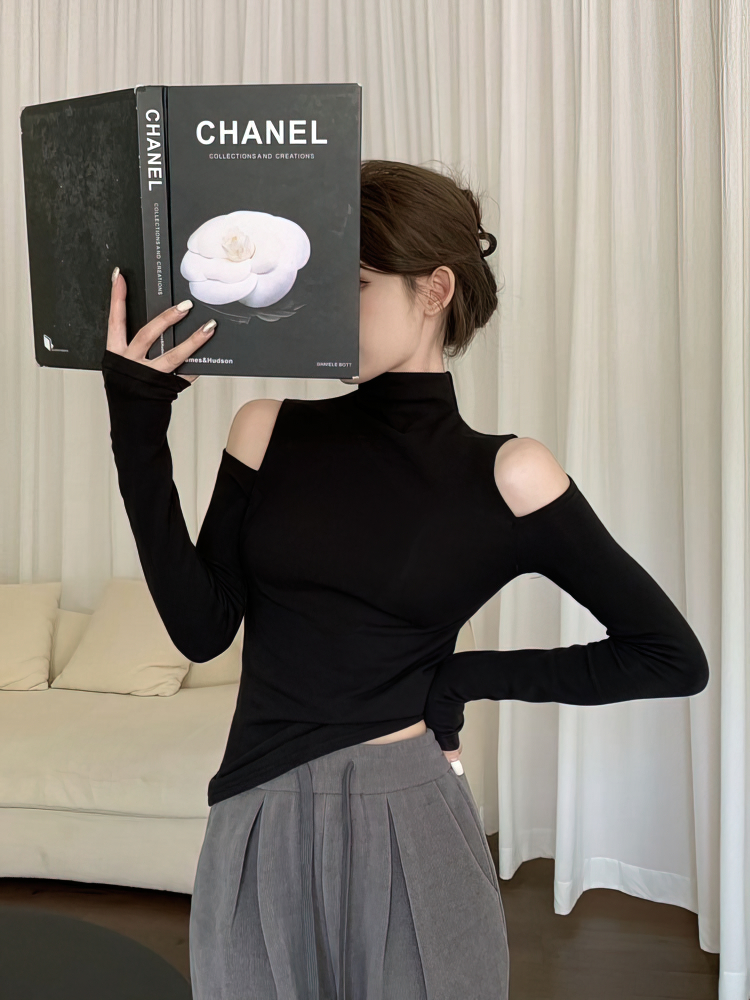 Coréen automne hiver col roulé Tops basiques femmes Sexy épaules nues à manches longues épais polaire t-shirt mode noir t-shirts dame
