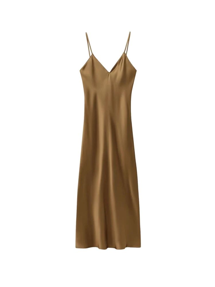 Robe mi-longue en Satin pour femmes, col en V, bretelles fines, dos nu, robes féminines, mode Sexy