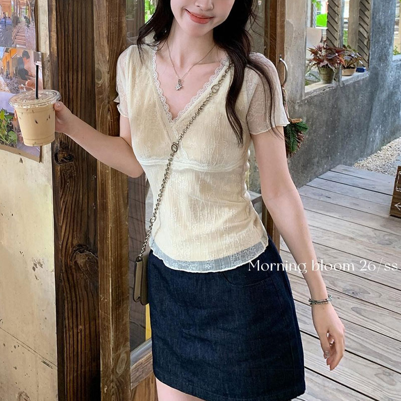 Chemisier Femme Col V Délicat en Dentelle à la Taille Manches Courtes Été Effet Deux Pièces Coupe Slim Aura Basique Tendance Patchwork