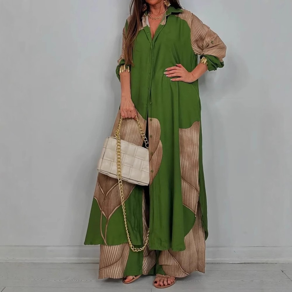 Mode ample imprimé 2 pièces ensemble femmes simple boutonnage Cardigan Robe pantalon à jambes larges décontracté deux pièces tenue femme Robe