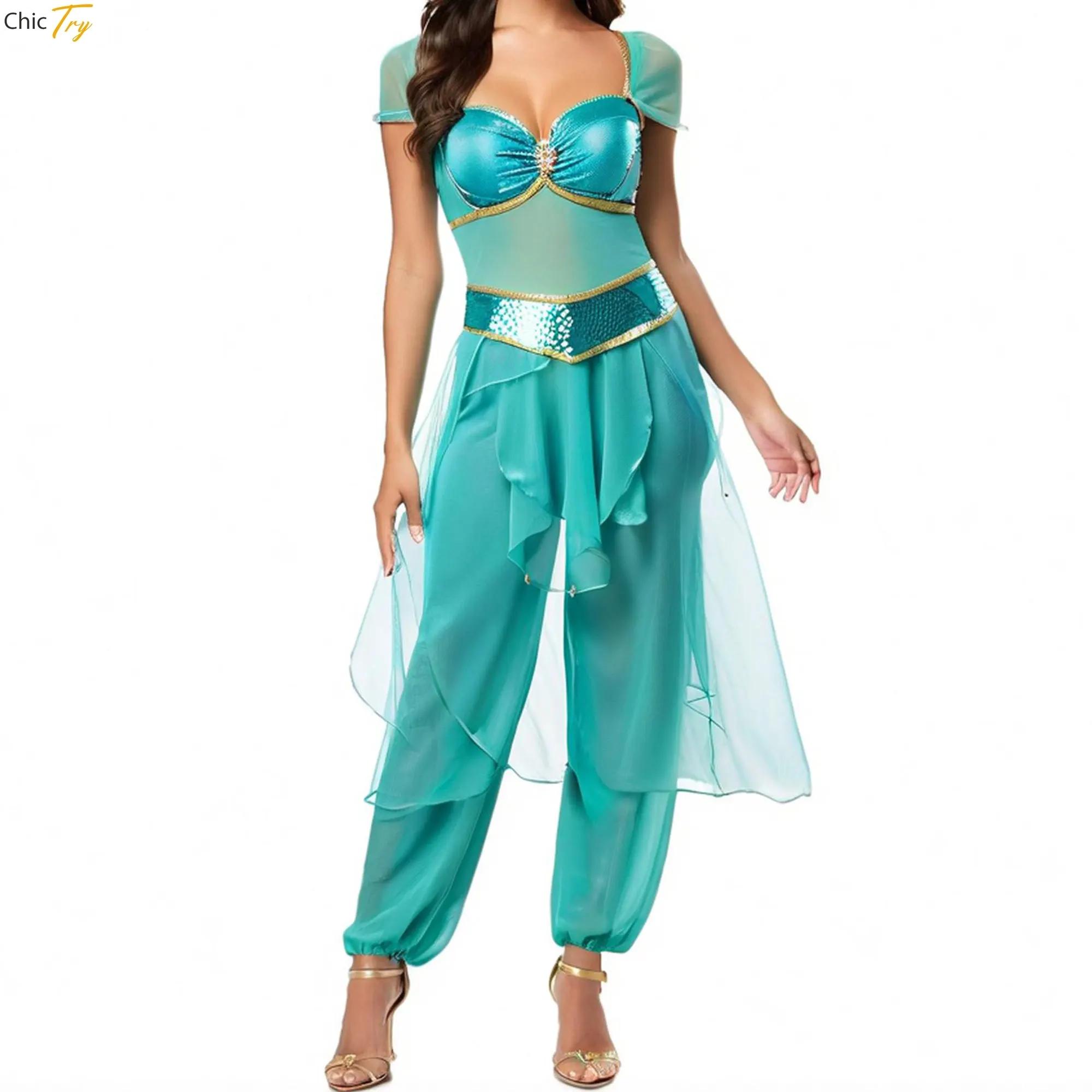 Costume de princesse arabe pour femmes, paillettes brillantes, superposition de danse du ventre, barboteuse en Tulle, Costume de Cosplay Jasmine d'halloween, combinaisons