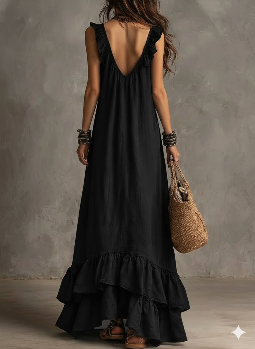 Robe longue décontractée pour femme style bohème européen, débardeur sans manches avec volants, col en V sexy, idéale pour les vacances à la plage