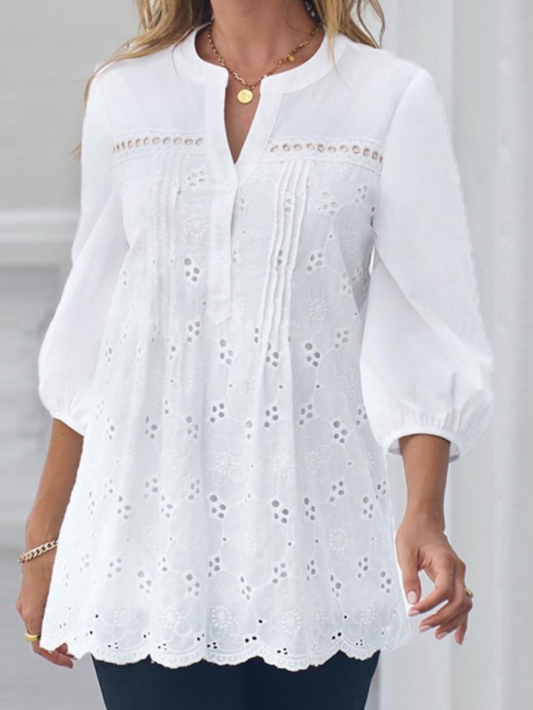 Pull à col en V évidé en dentelle blanche pour femmes, haut décontracté, chemise d'été élégante, vêtements de bureau, mode
