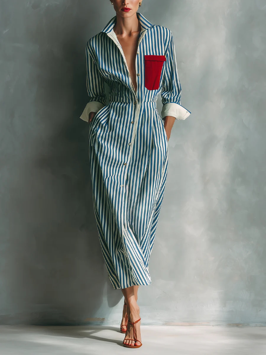 Robe chemise élégante à rayures pour femme, col rabattu décontracté, blocs de couleur, poches, longue, nouvelle tendance, gracieuse