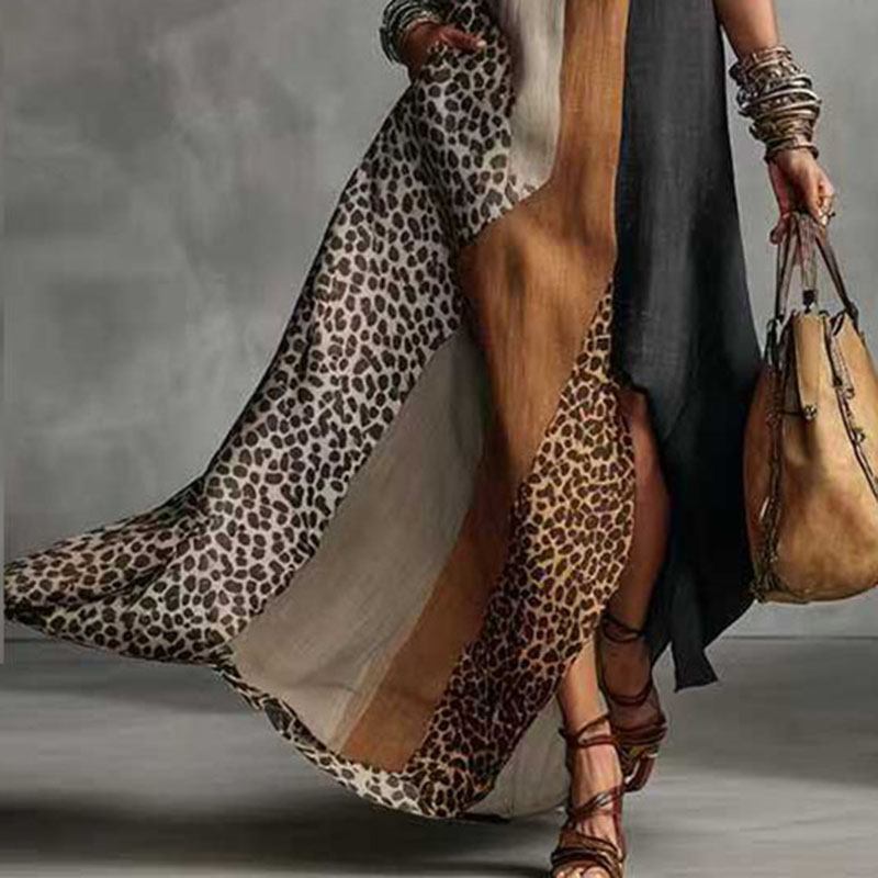Robes de soirée élégantes pour femmes à imprimé animalier patchwork, collection Printemps 2026, robe longue à col halter et ourlet fendu, robe maxi sans manches pour les vacances d'été