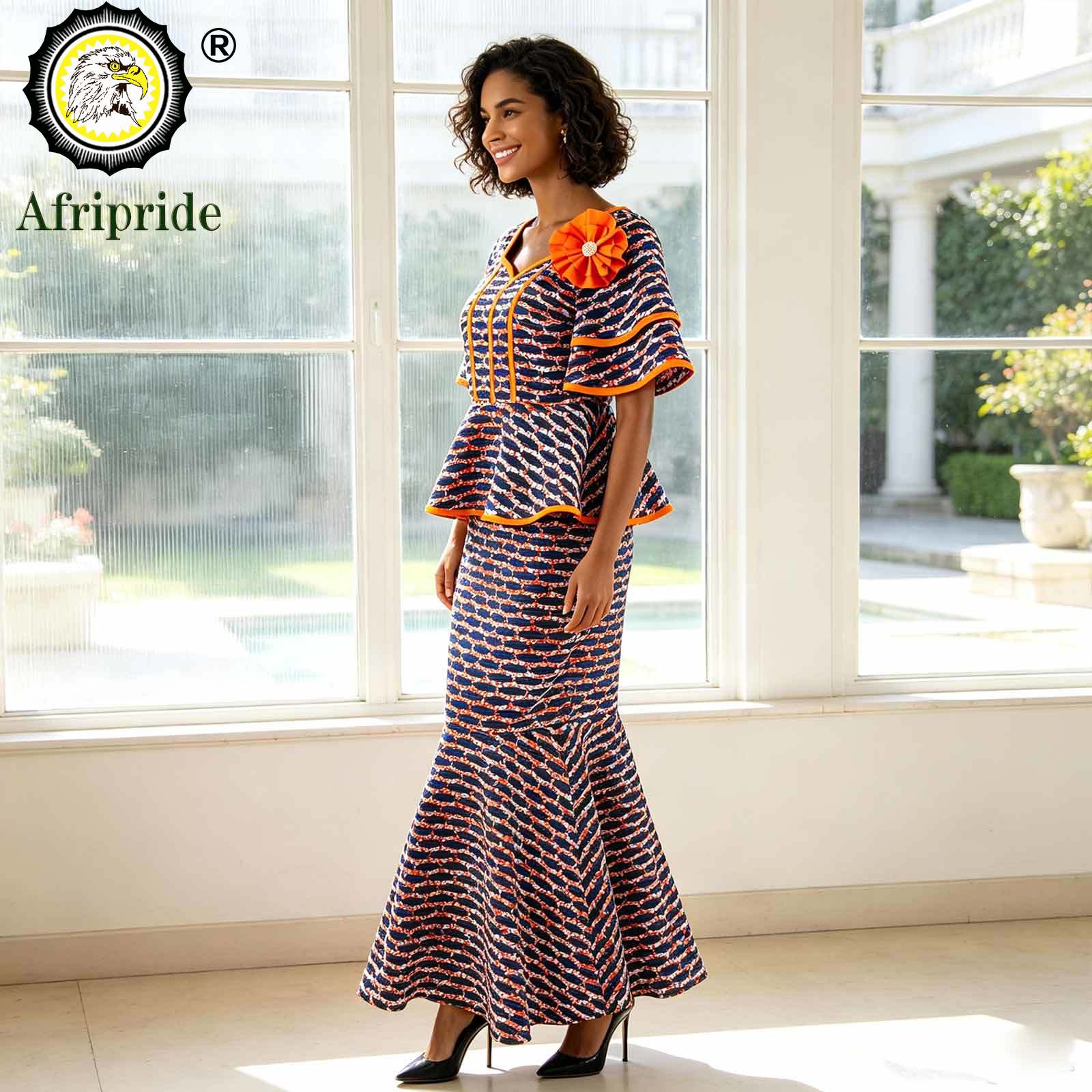 Vêtements africains pour femmes, hauts élégants à manches évasées avec fleurs et jupe longue trapèze, ensemble imprimé Ankara, tenues 2626052