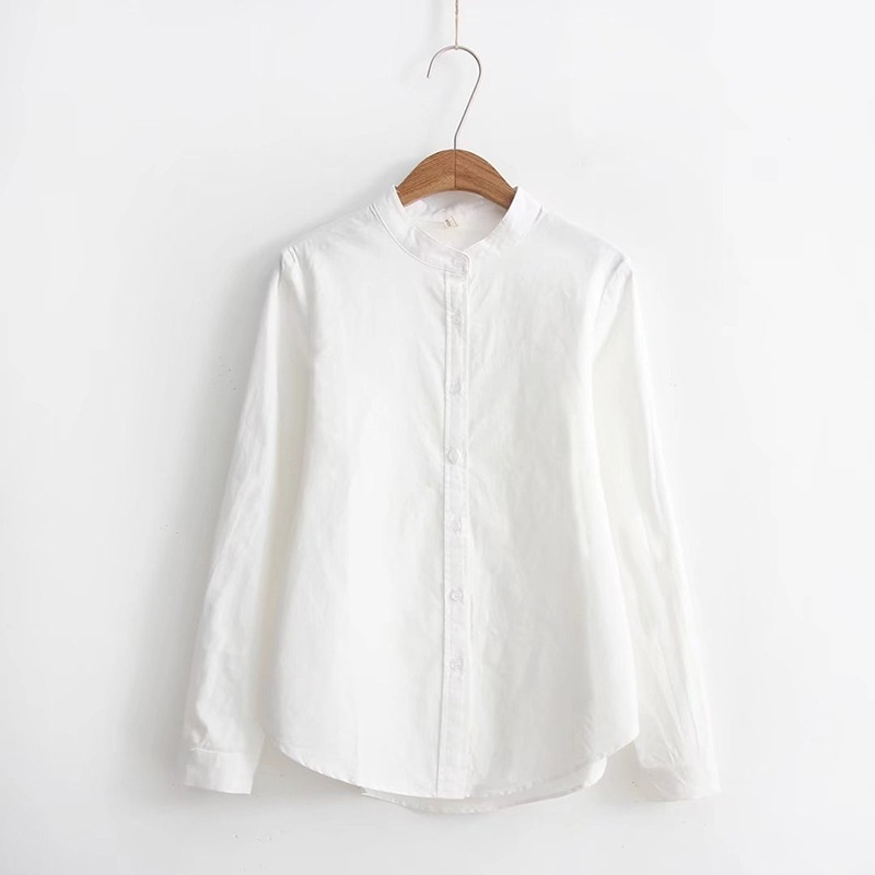 Chemises blanches en lin pour femmes, chemisiers bleus à manches longues, col montant, hauts de bureau pour femmes, vêtements féminins, couleur unie, printemps 2026