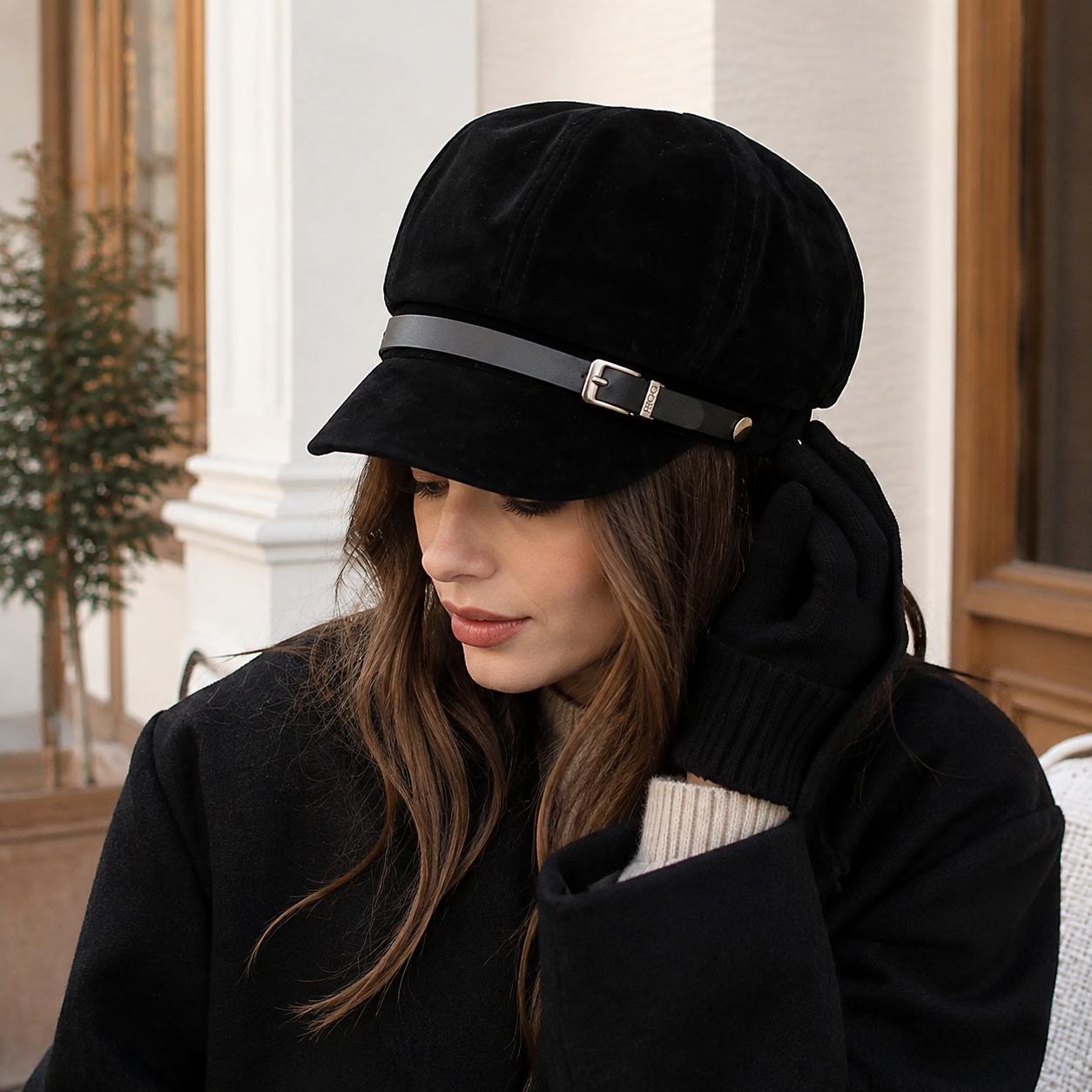 Béret rétro de style britannique pour femme, casquette octogonale en suède, chapeau d'artiste en cuir PU avec boucle, pour grande circonférence de tête, chapeau d'automne