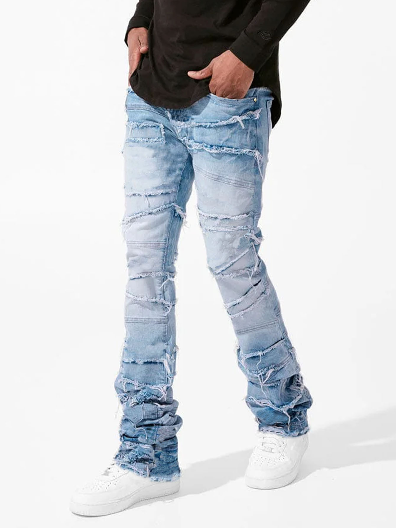 2025 nouveaux jeans empilés hommes patchwork épissé Denim déchiré lavage effiloché pantalon homme Streetwear hommes gland moto jean