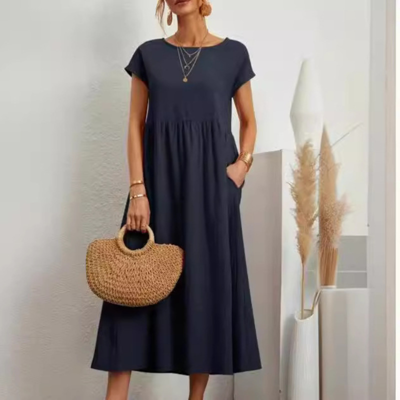 Robes pour femmes en coton et lin, mi-longues, décontractées, à manches courtes, coupe ample, style A-line, avec poches, couleur unie, robe longue oversize