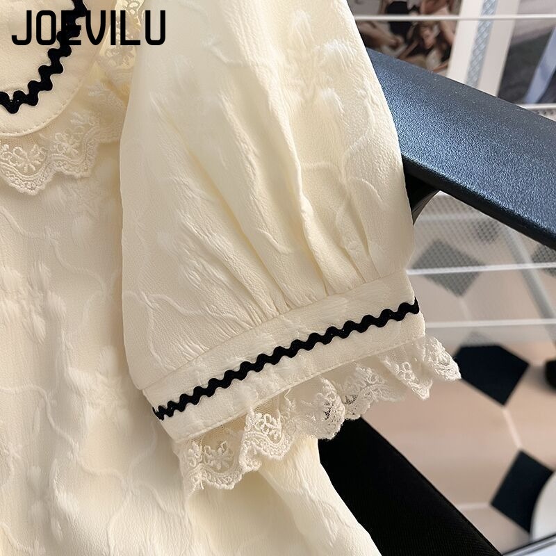 Chemise en mousseline de soie pour femmes, haut français à manches bulles, dentelle d'été, chemisiers à manches courtes doux et Chic, vêtements coréens élégants pour dames