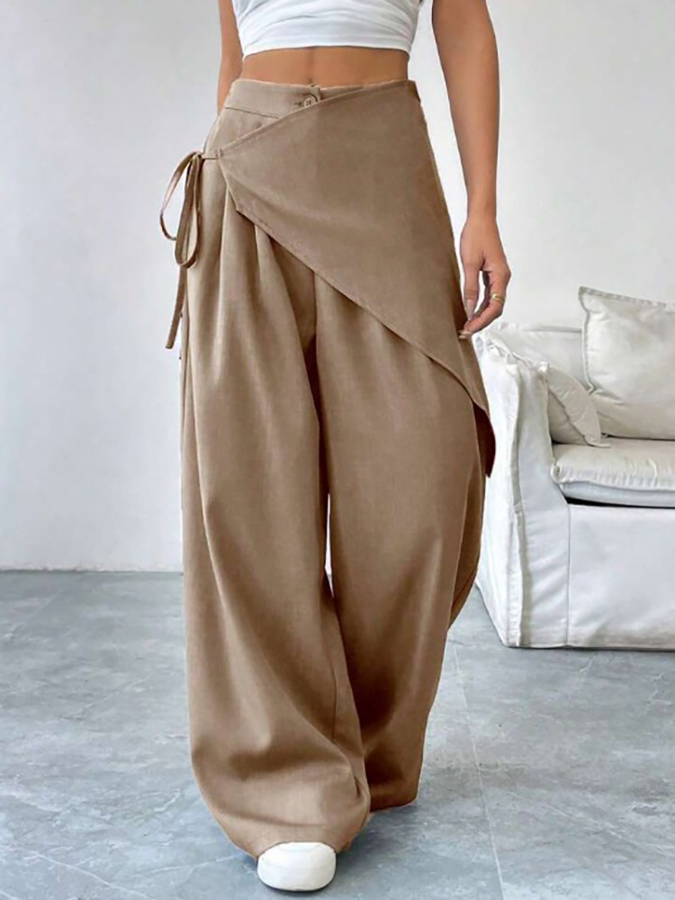 Pantalon de costume élégant asymétrique pour femme, taille haute, coupe ample, jambe large, avec lacets, taille élastique, décontracté