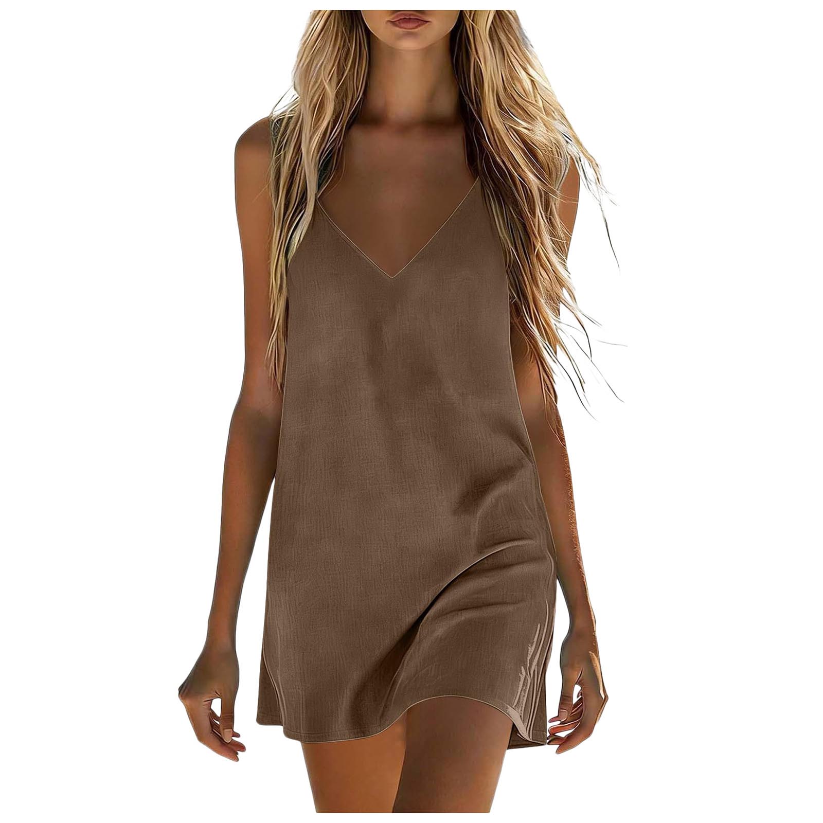 Robes en coton et lin pour femmes, robe d'été sexy à bretelles spaghetti, col en V, mini robe unie décontractée sans manches, robe de plage pour les vacances
