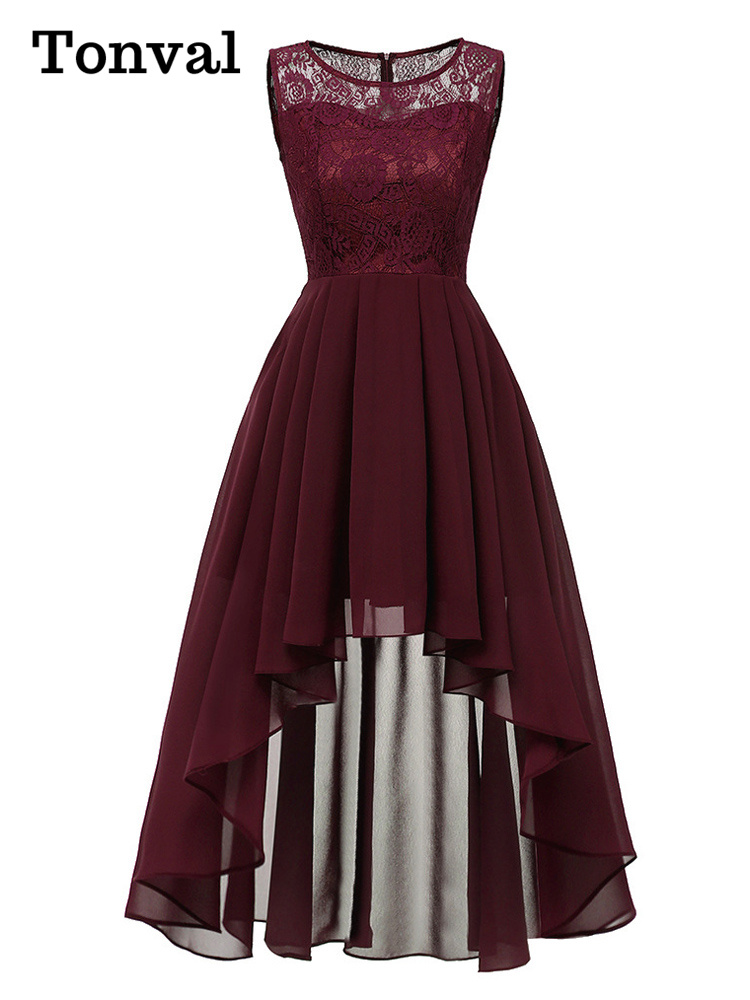 Tonval-Robe de Soirée Élégante en Dentelle pour Femme, Tenue en Mousseline de Soie, Ourlet Haut Bas, Maxi, Col Rond, Été, Vintage
