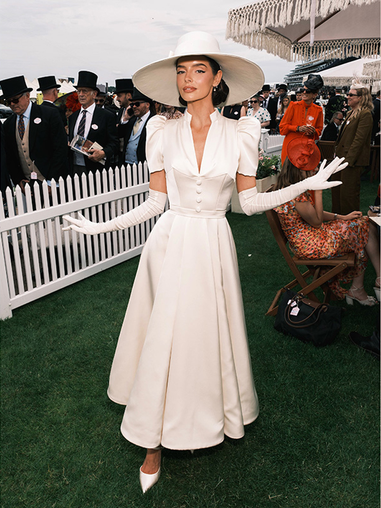 Robe longue élégante en satin pour femmes, manches courtes bouffantes, col en V, décorations de boutons, taille haute, plissée, robe de soirée pour invitées de mariage 2026