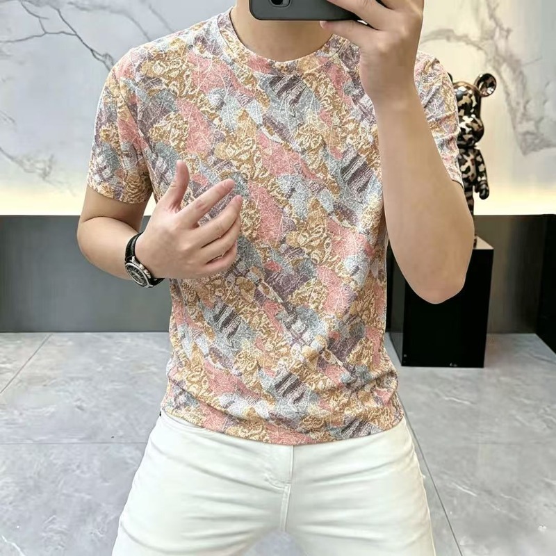 T-shirt d'été en soie glacée à manches courtes pour homme, imprimé, col rond, décontracté, pour la plage et les vacances, vêtements pour homme