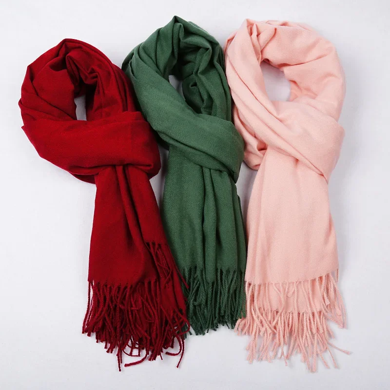 Écharpe longue en cachemire pour femme, hijab, pashmina, châle, pampilles, étoles, couleur unie, 68x200cm, hiver